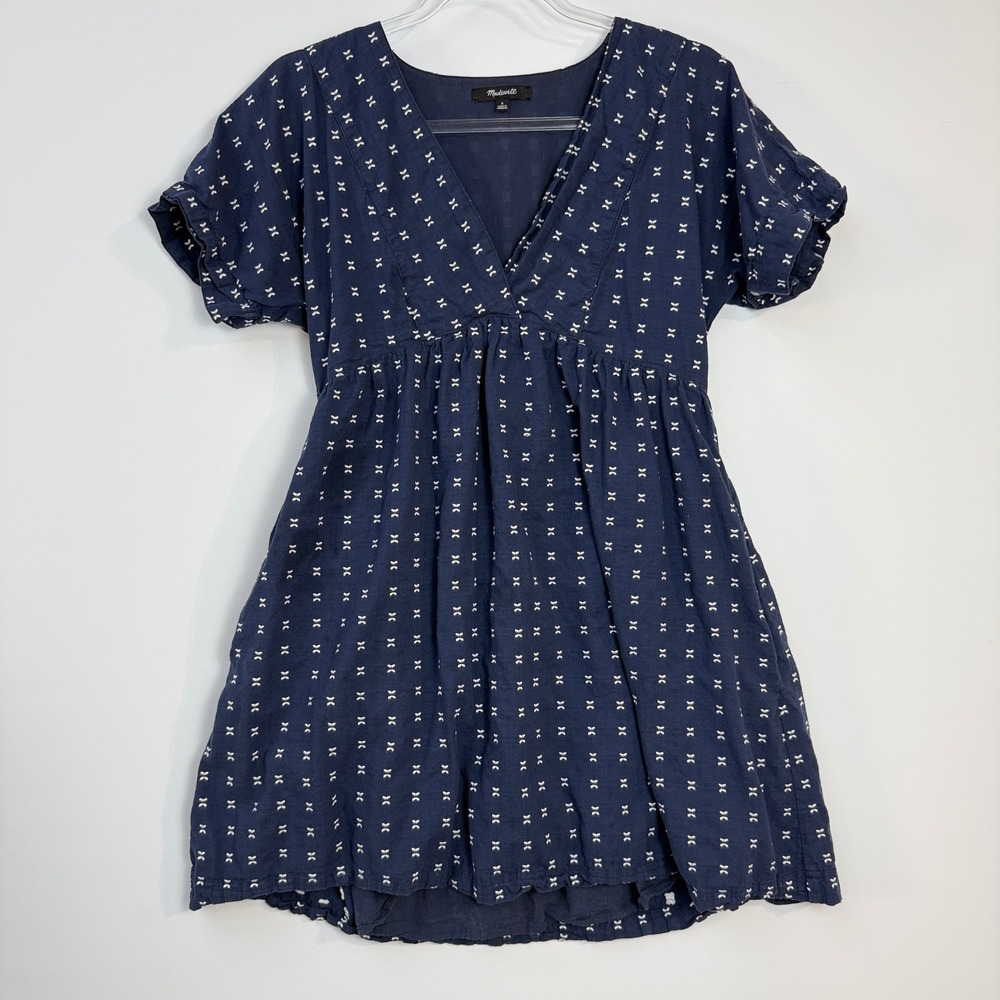 Madewell Mini Dress Womens S Navy Blue Textured Dot V-Neck Babydoll NE750